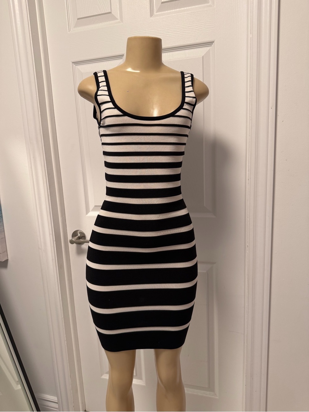 Mango Black and White Striped Scoop Neck Bodycon Mini